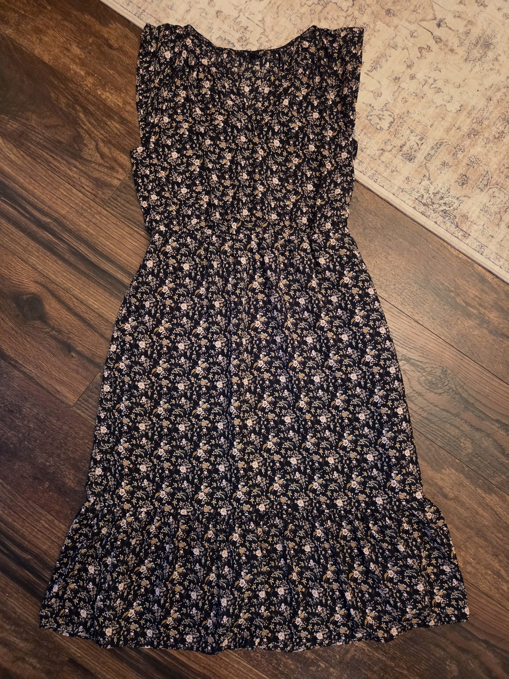 J. Crew Black Floral Smocked Midi Dress